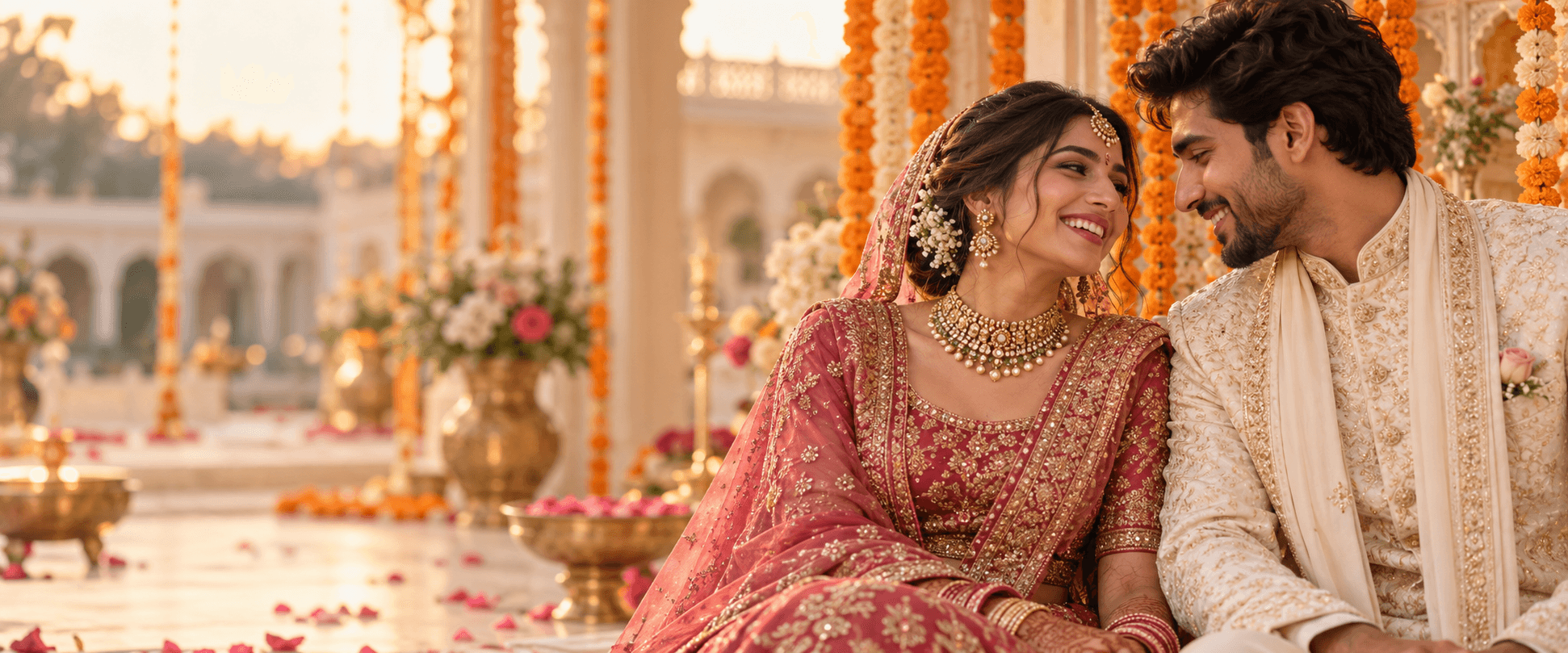 A joyful Indian couple in traditional wedding attire beneath marigold decorations